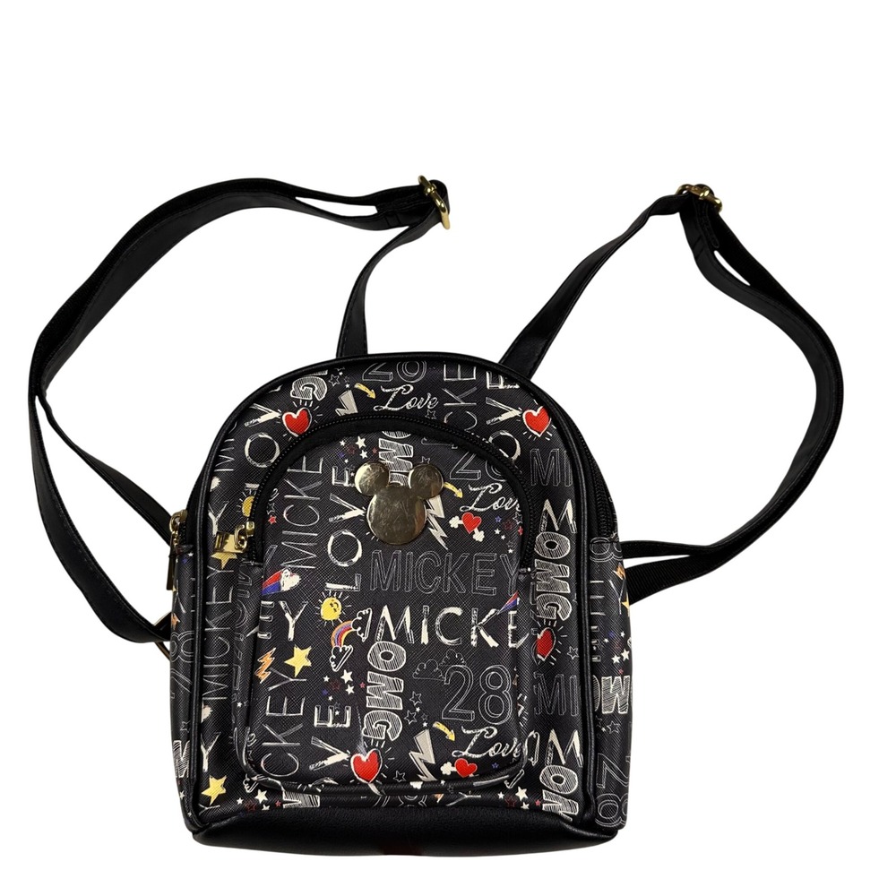 Disney Mickey Mouse Love OMG All Over Print Mini Backpack Black Gold Tone